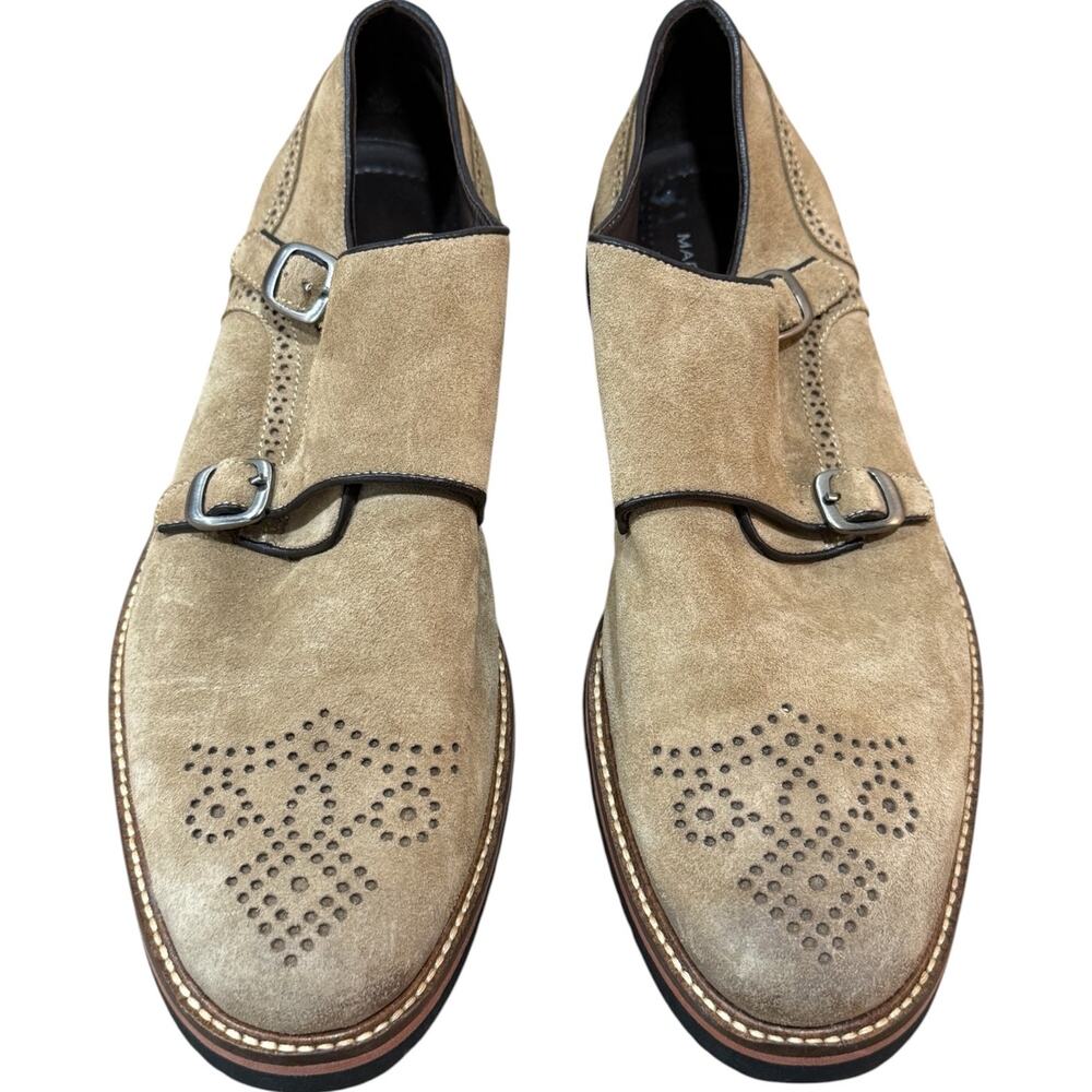 Martin Dingman Double Monk Strap Suede Shoes Mens 10 Tan Wingtip Vibram Lug Sole